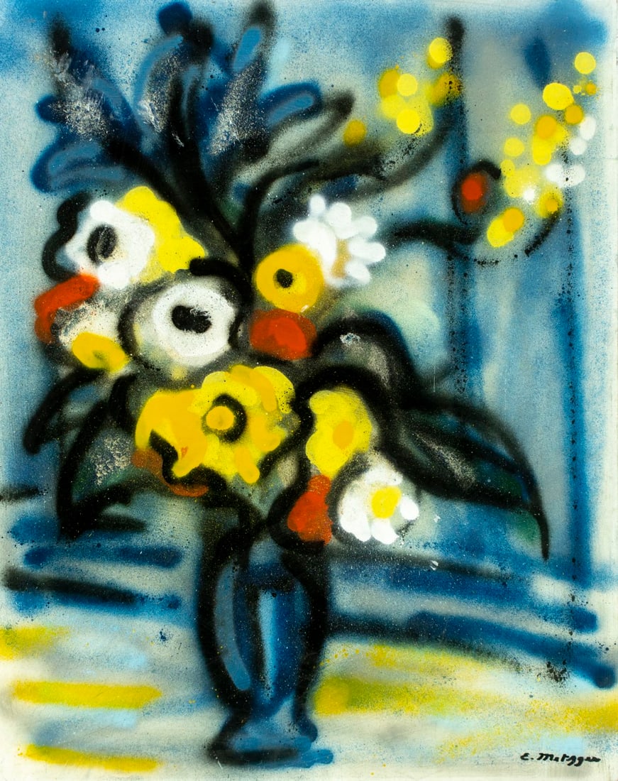 Evelyn Metzger (NY,Brazil,1911-2007) acrylic painting: ARTIST: Evelyn Borchard Metzger (New York, Brazilian, 1911-2007) TITLE: Still Life with Vase of Flowers MEDIUM: acrylic on board CONDITION: Some small scratches/paint losses