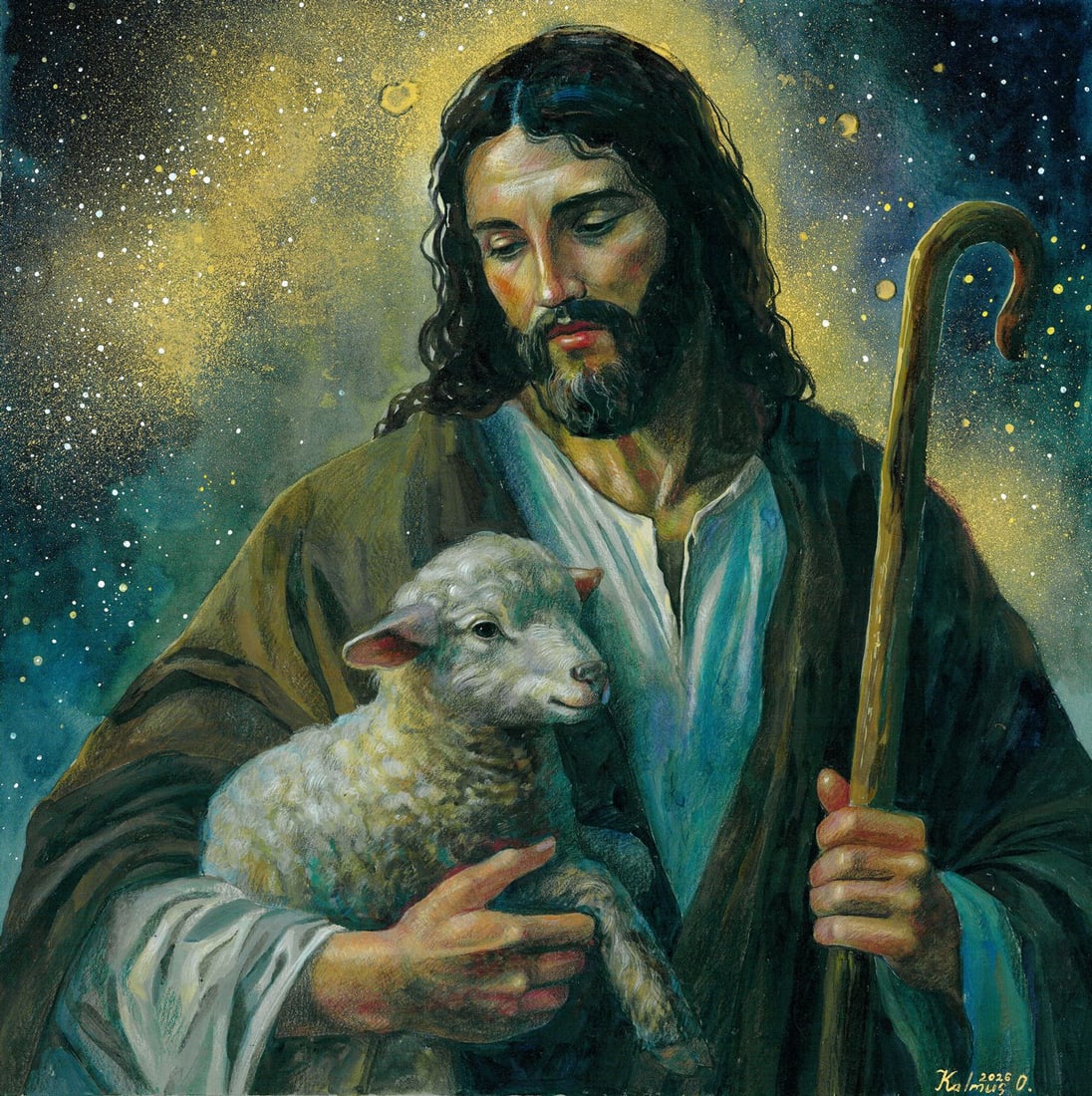 Olena Kalmus (Ukraine,b 1996) mixed media painting: ARTIST: Olena Kalmus (Ukraine, born 1996) TITLE: Jesus with Lamb MEDIUM: mixed media on heavy paper CONDITION: Very good. ART SIZE: 12 x 12 inches / 30 x