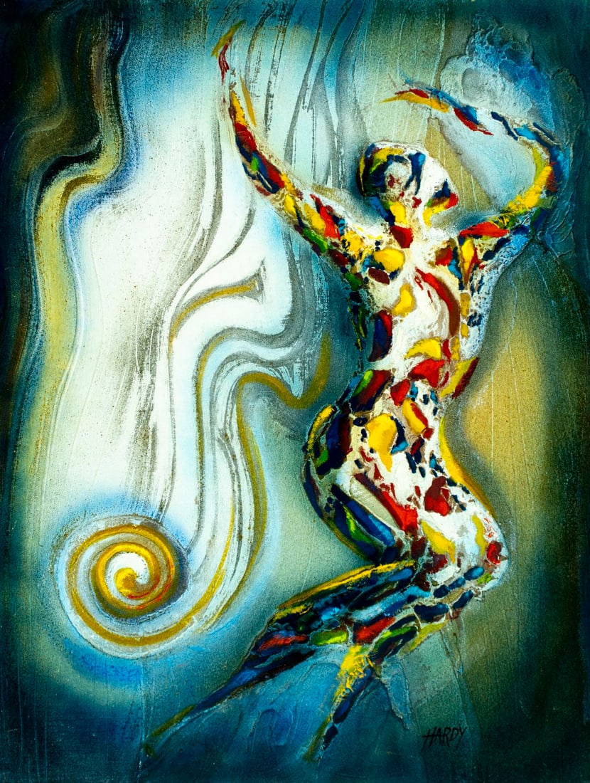 Gerald Hardy (IL,CT,1938-2026) oil painting: ARTIST: Gerald Richard Hardy (Illinois, Connecticut, 1938-2026) TITLE: Dancing Prophet (titled on label) YEAR: 1965 MEDIUM: oil on board CONDITION: Minor