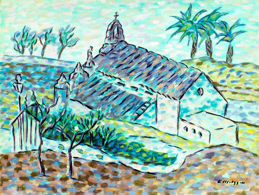 Evelyn Metzger (NY,Brazil,1911-2007) oil painting: ARTIST: Evelyn Borchard Metzger (New York, Brazilian, 1911 - 2007) TITLE: Church Landscape MEDIUM: oil on board CONDITION: Minor damages to edges and corners. Few faint sc