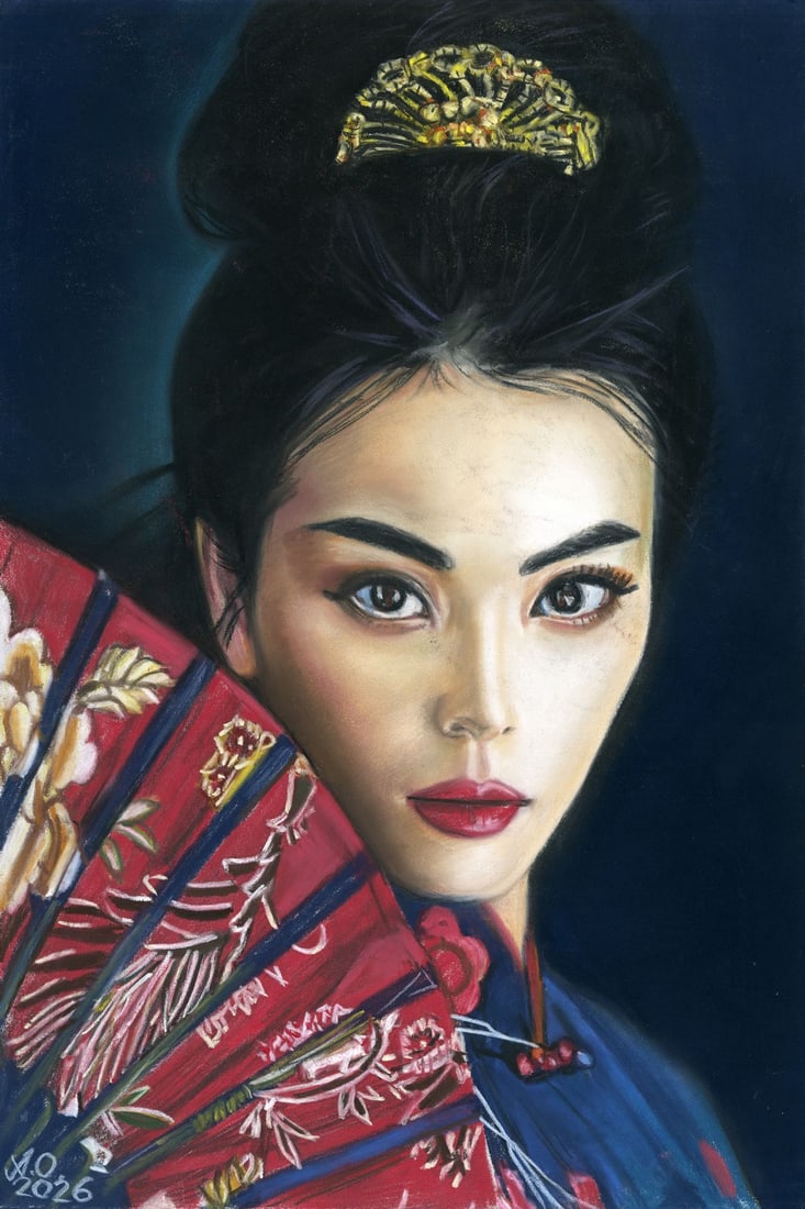 Oleksandr Achkasov (Ukraine,b 1965) pastel painting: ARTIST: Oleksandr Achkasov (Ukraine, born 1965) TITLE: Japanese Woman with Fan MEDIUM: pastel on heavy paper CONDITION: Minor scratches/paint losses. ART SIZE: