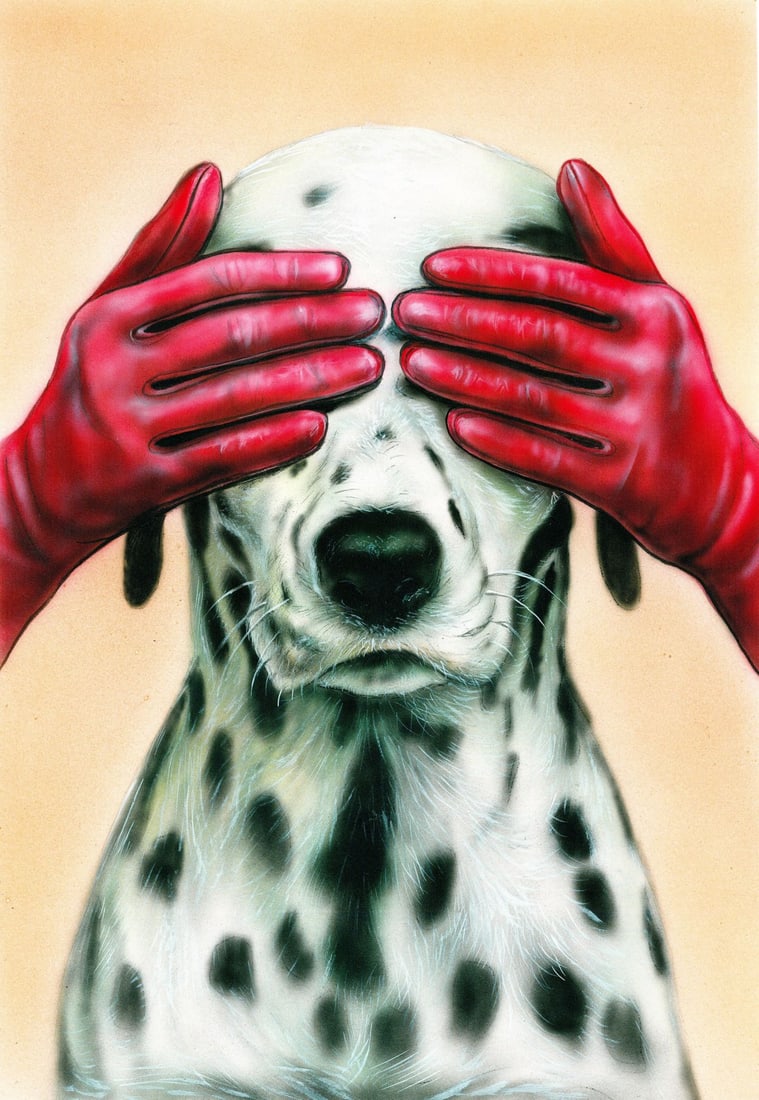 Evgeniy Chunikhin (Ukraine,b 1976) acrylic painting: ARTIST: Evgeniy Chunikhin (Ukraine, born 1976) TITLE: Dalmatian Dog with Red Gloves MEDIUM: acrylic on heavy paper CONDITION: Very good. No visible inpaint under UV light.