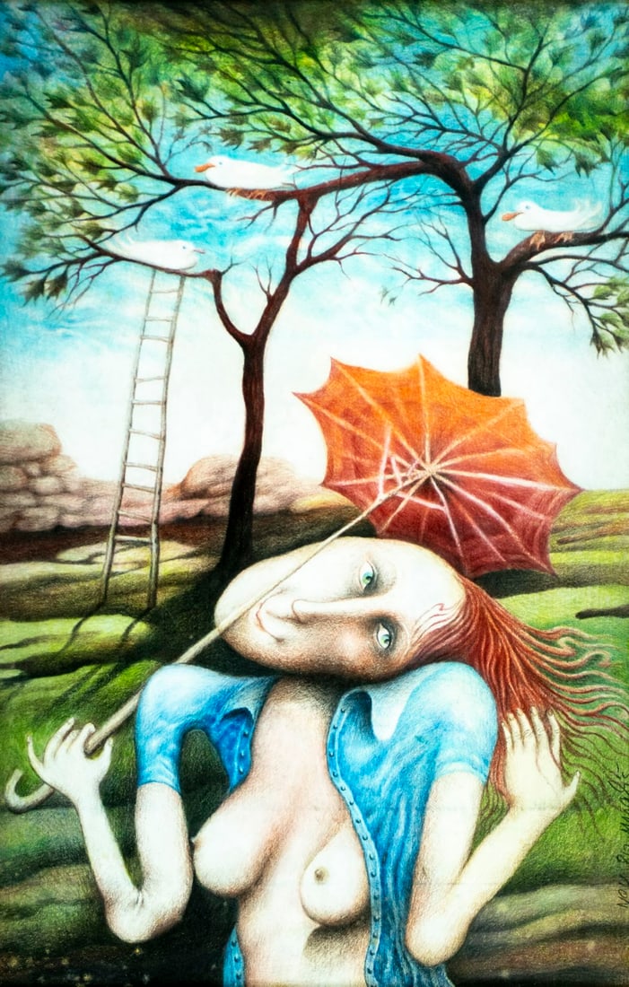 Vintage 20C American colored pencil painting signed: ARTIST: - (United States, 20 century) TITLE: Female Semi Nude with Umbrella YEAR: 1980 MEDIUM: colored pencil on paper CONDITION: Minor age toning. Frame