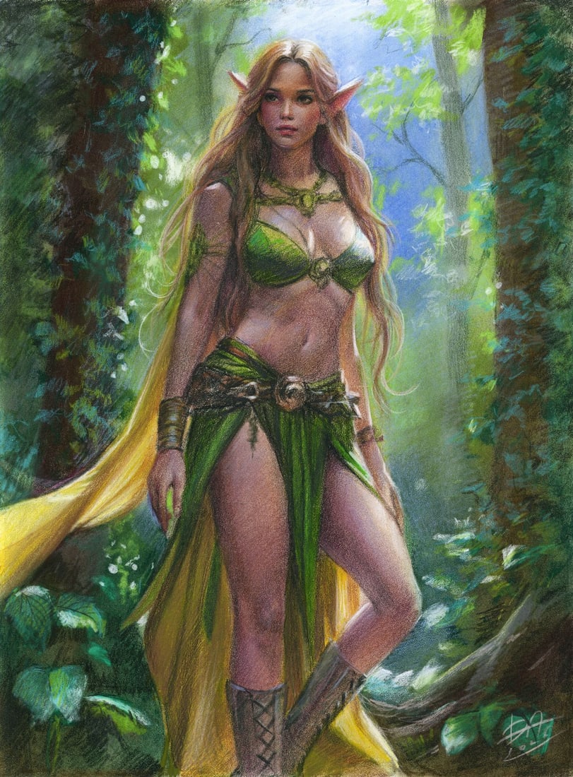 Alena Dmytrazh (Ukraine,b 1989) pastel painting: ARTIST: Alena Dmytrazh (Ukraine, born 1989) TITLE: Elf Woman in Forest MEDIUM: pastel on heavy paper CONDITION: Very good. ART SIZE: 16 x 12 inches / 41