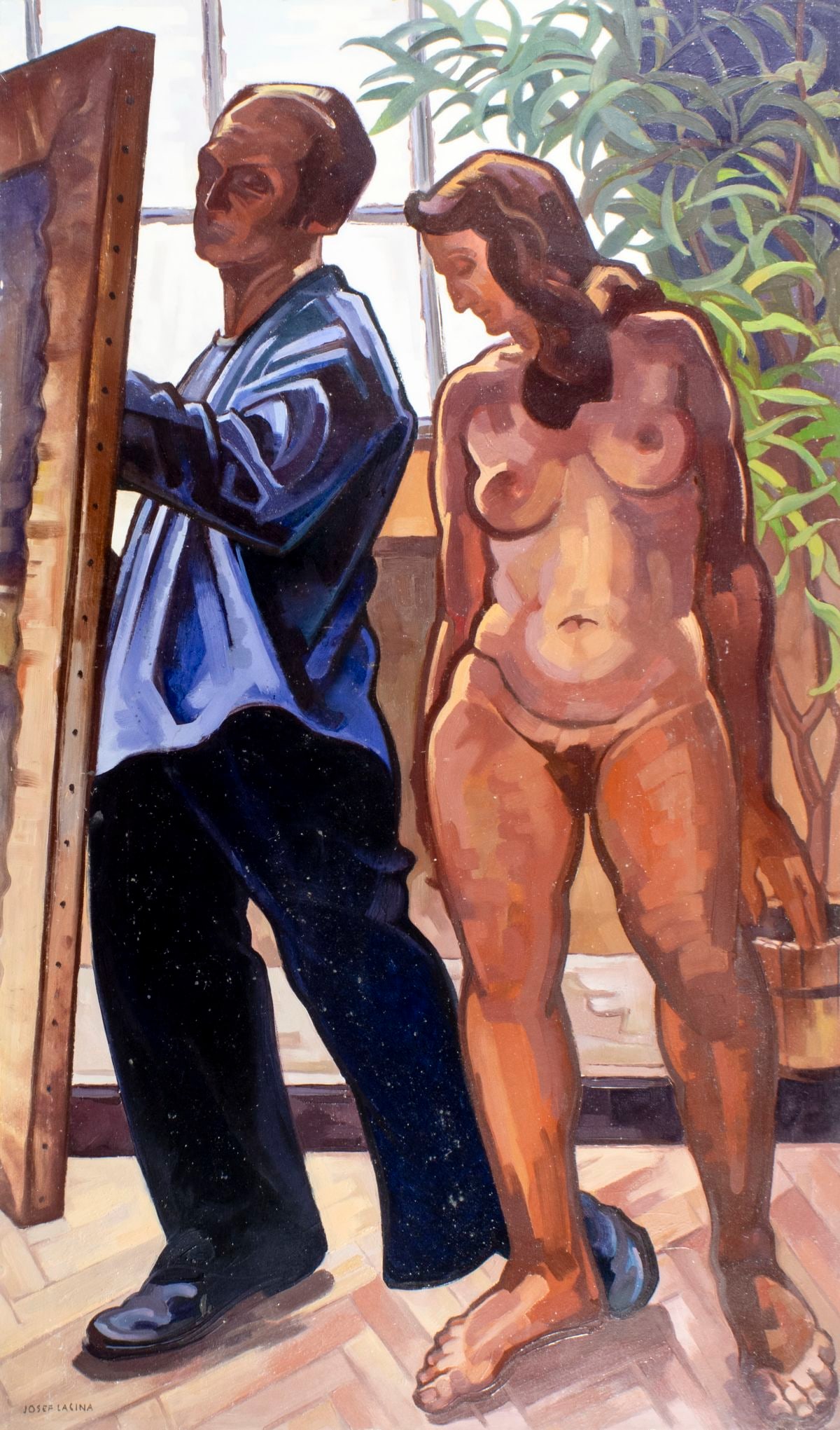 Josef Lacina (Czech,1899-1975) oil painting: ARTIST: Josef Lacina (Czech Republic, 1899 - 1975) TITLE: Artist and Nude MEDIUM: oil on board CONDITION: Some small scratches/paint losses. Some damages to corners. No vis