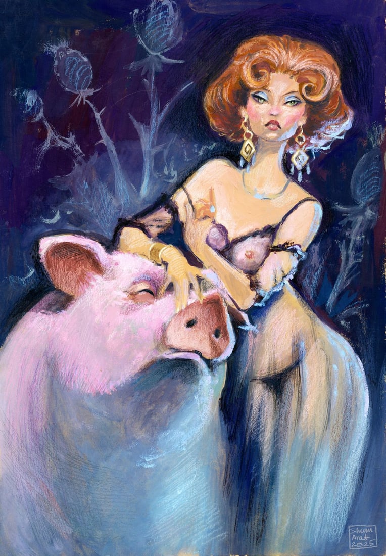 Anna Basalyko (Ukraine,20/21C) mixed media painting: ARTIST: Anna Basalyko (Ukrainian, 20/21 centuries) TITLE: Woman with Pig MEDIUM: mixed media on heavy paper CONDITION: Very good. ART SIZE: 14 x 10 inche