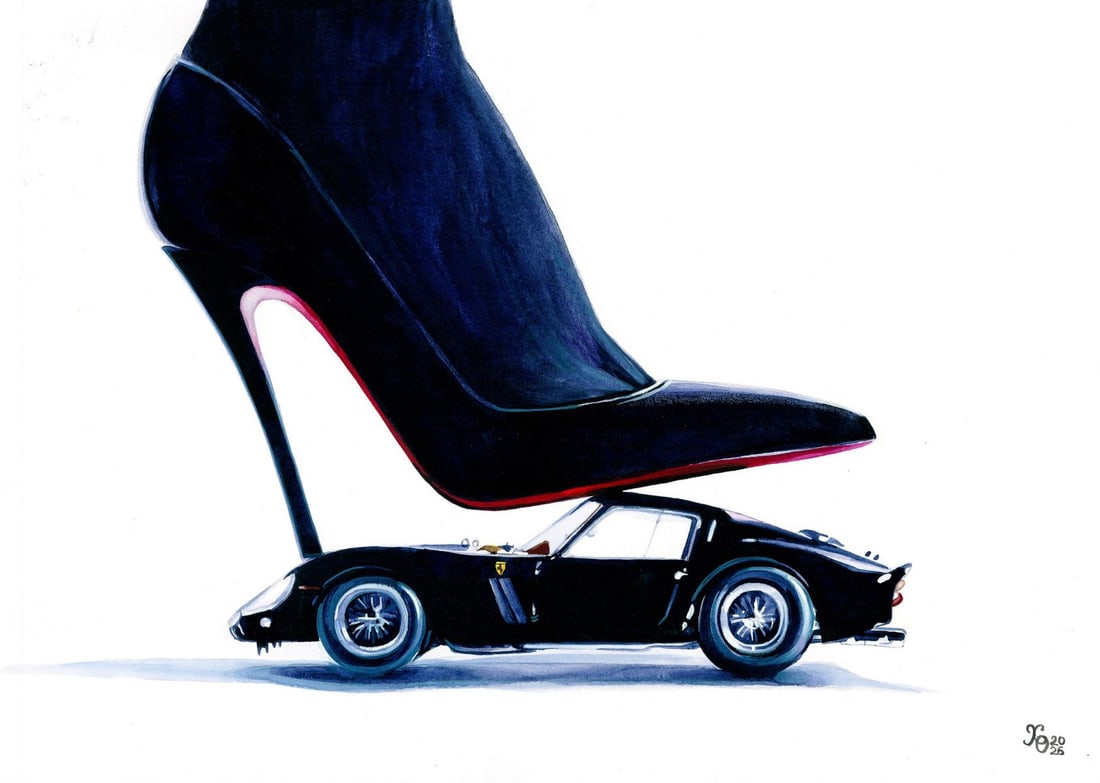Oleksandra Hristevich (Ukraine,20/21C) watercolor painting: ARTIST: Oleksandra Hristevich (Ukraine, 20/21 centuries) TITLE: High Heel over Sports Car MEDIUM: watercolor on heavy paper CONDITION: Very good. ART SIZE: