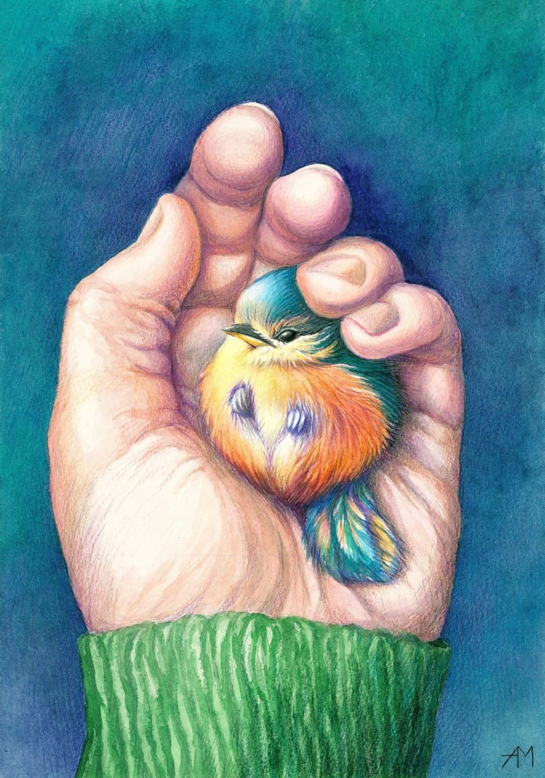 Anastasia Molodchikova (Ukraine,20/21C) watercolor painting: ARTIST: Anastasia Molodchikova (Ukraine, 20/21 centuries) TITLE: Bird in Hand MEDIUM: watercolor on heavy paper CONDITION: Very good. ART SIZE: 13 x 9 in