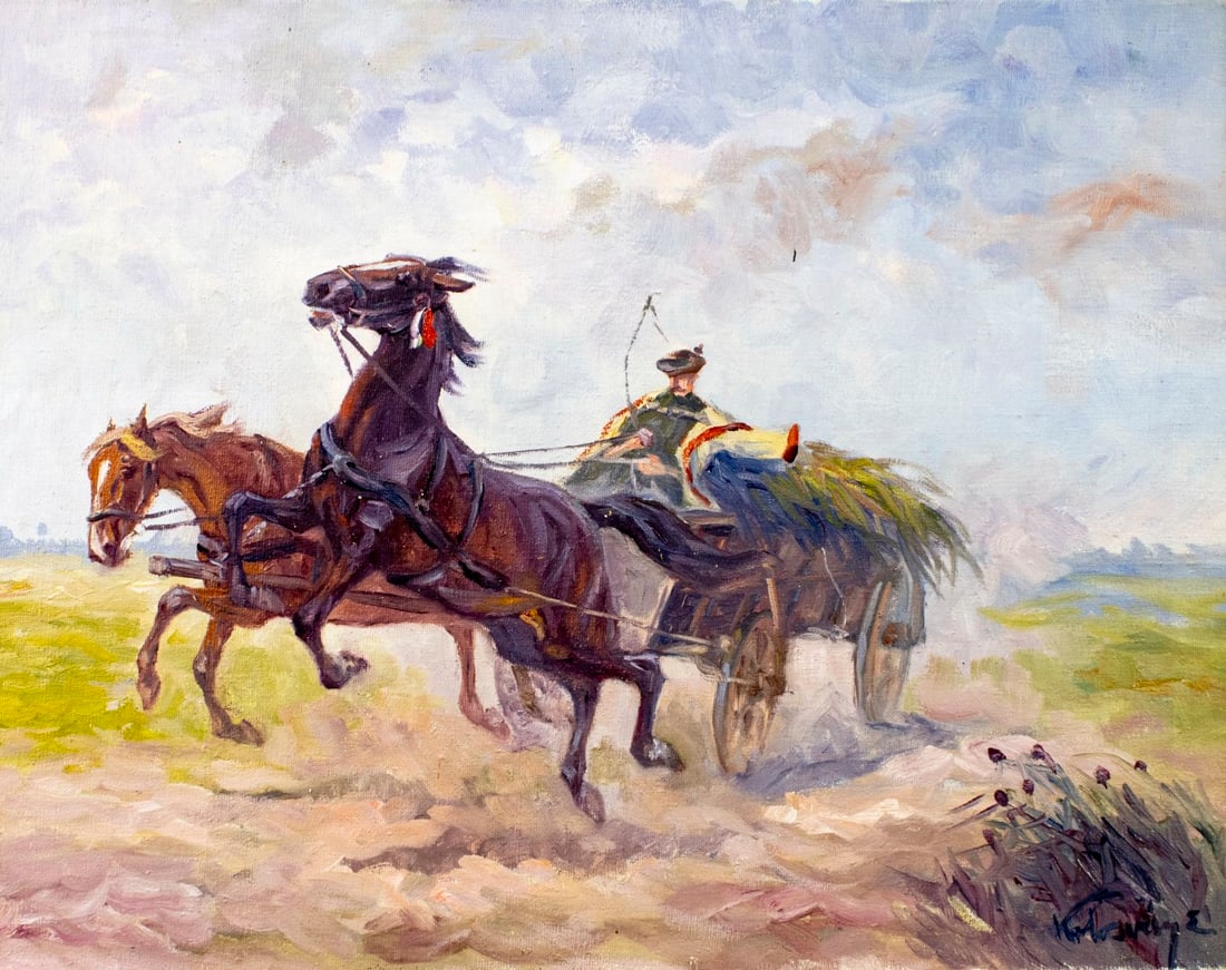 Kamillo Kolosvary (Hungary,1936-2008) oil painting: ARTIST: Kamillo Kolosvary (Hungarian, 1936 - 2008) TITLE: Horses Pulling Cart MEDIUM: oil on canvas CONDITION: Minor paint losses. Minor craquelure. No visible inpaint under