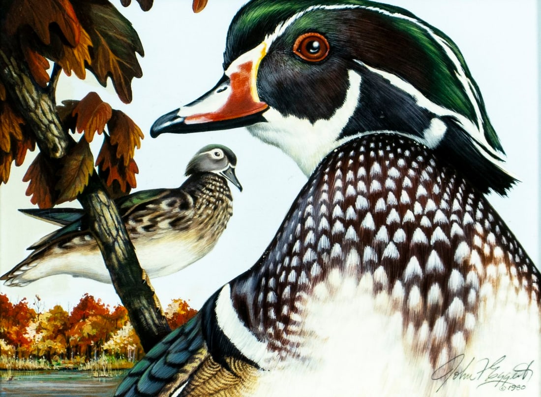 John Eggert (MA,1934-2001) acrylic painting: ARTIST: John F Eggert (Massachusetts, 1934 - 2001) TITLE: Ducks YEAR: 1980 MEDIUM: acrylic on paper CONDITION: Minor paint losses. Framed under glass. We