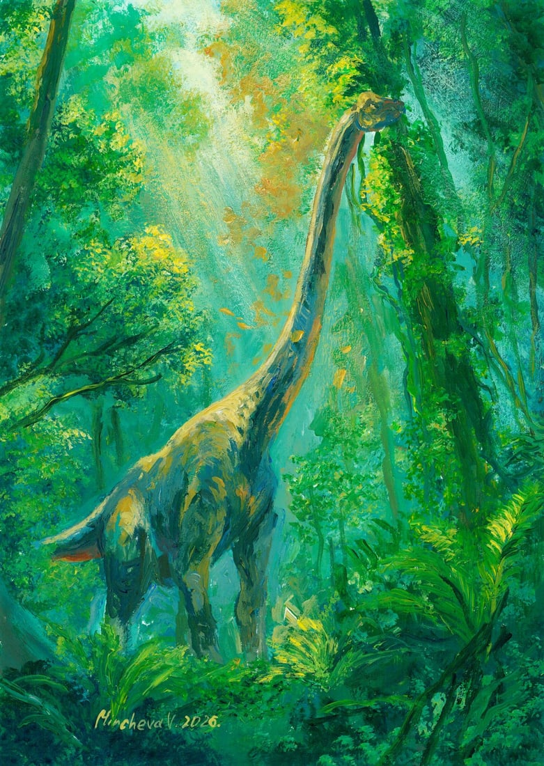 Valeria Mircheva (Ukraine,20/21C) acrylic painting: ARTIST: Valeria Mircheva (Ukraine, 20/21 centuries) TITLE: Brachiosaurus in Forest MEDIUM: acrylic on heavy paper CONDITION: Very good. No visible inpaint under UV light.
