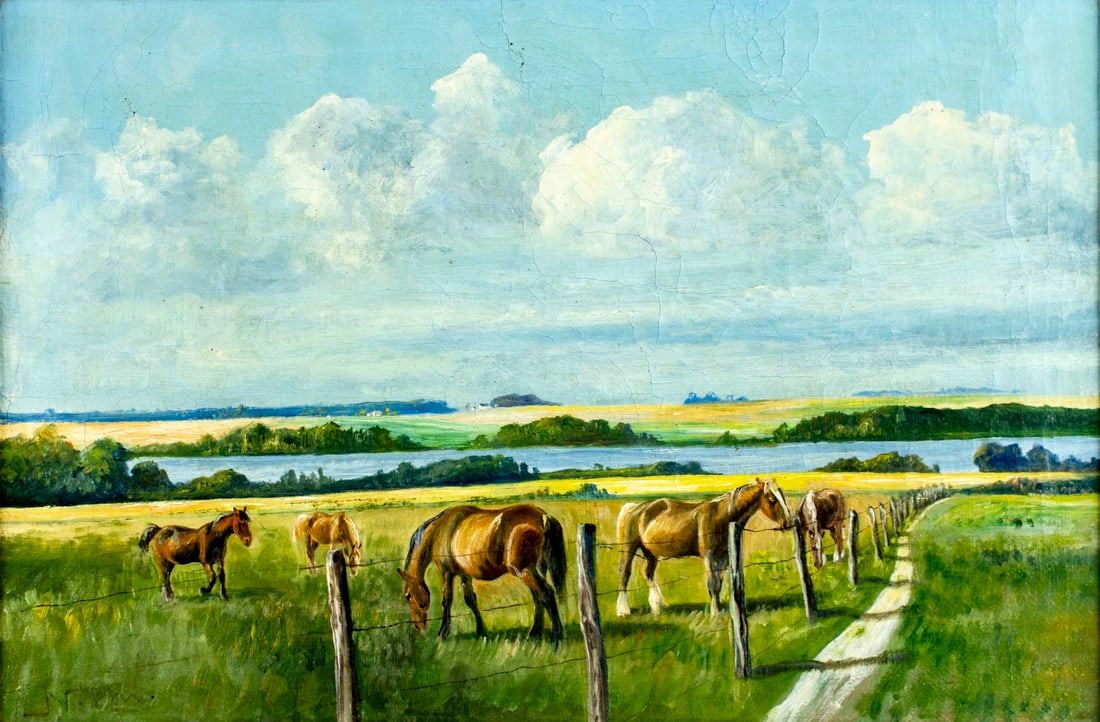 Vintage mid 20C Danish oil painting signed: ARTIST: - (Denmark, mid 20 century) TITLE: Landscape with Horses MEDIUM: oil on canvas CONDITION: Some small paint losses mostly in the upper left quadrant. Some craquelure.