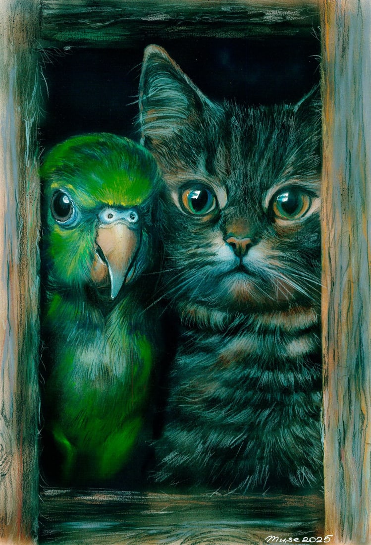 Olga Dolgikova (Ukraine,b 1967) acrylic painting: ARTIST: Olga Dolgikova (Ukraine, born 1967) TITLE: Cat and Parrot Bird MEDIUM: acrylic on heavy paper CONDITION: Very good. No visible inpaint under UV light. ART