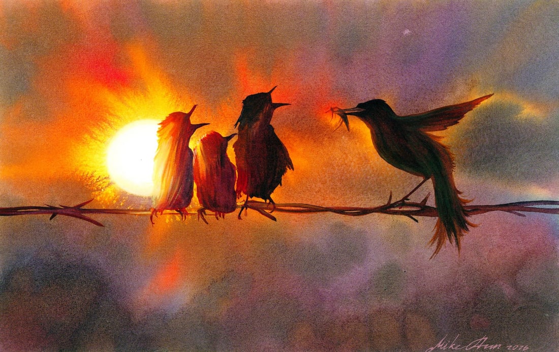 Mikhaylo Dmytriv (Ukraine,b 1997) watercolor painting: ARTIST: Mikhaylo Dmytriv (Ukraine, born 1997) TITLE: Birds on Branch at Sunset MEDIUM: watercolor on heavy paper CONDITION: Very good. ART SIZE: 8 x 12 i