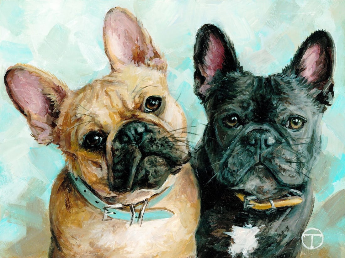 Olia Tomkova (Ukraine,b 1993) acrylic painting: ARTIST: Olia Tomkova (Ukraine, born 1993) TITLE: Two French Bulldog Dogs MEDIUM: acrylic on board CONDITION: Very good. No visible inpaint under UV light. ART SIZ