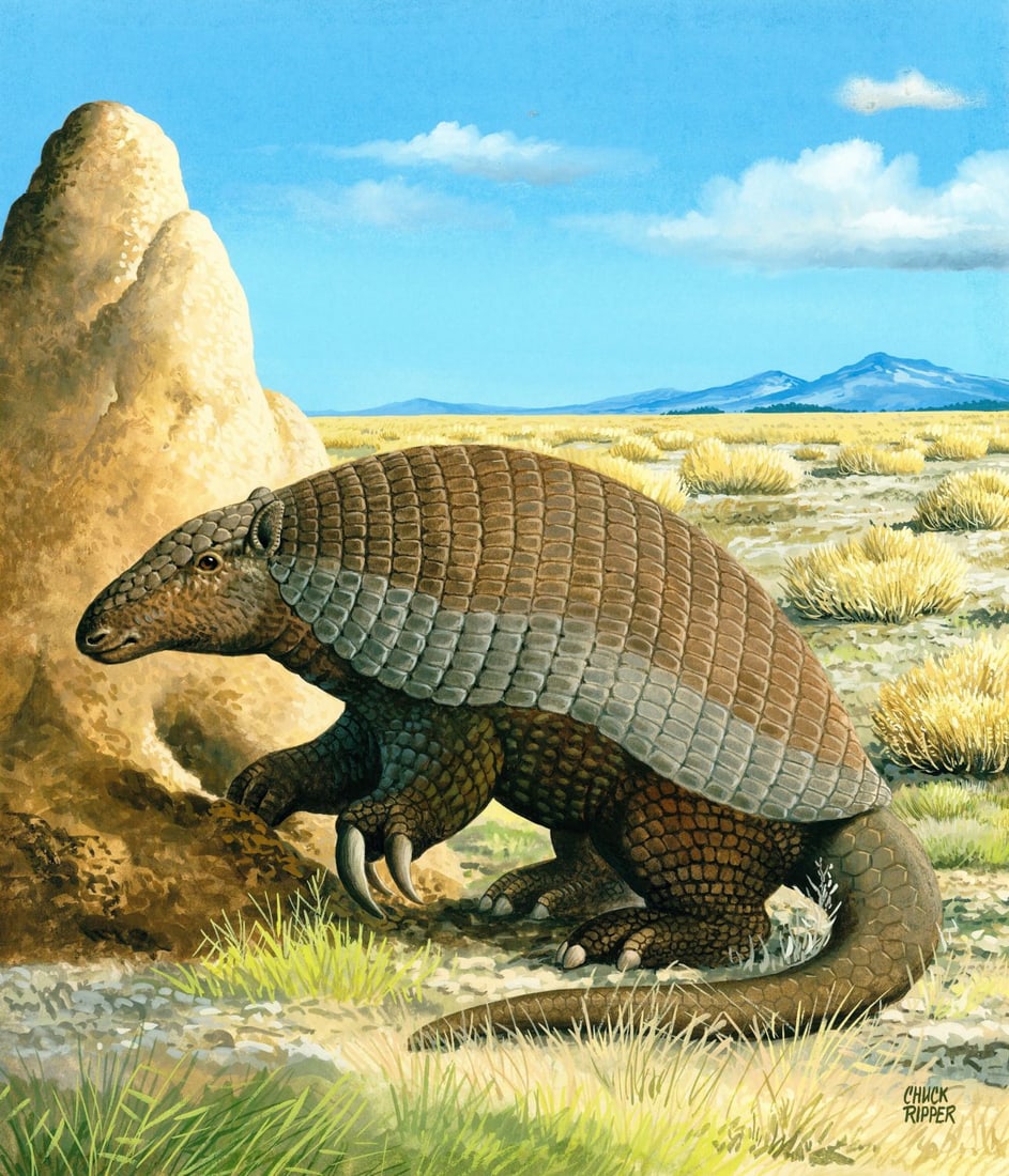 Chuck Ripper (WV,PA,1929-2019) gouache painting: ARTIST: Chuck Ripper (West Virginia, Pennsylvania, 1929 - 2019) TITLE: Giant Armadillo YEAR: 1994 MEDIUM: gouache on board CONDITION: Overall good.