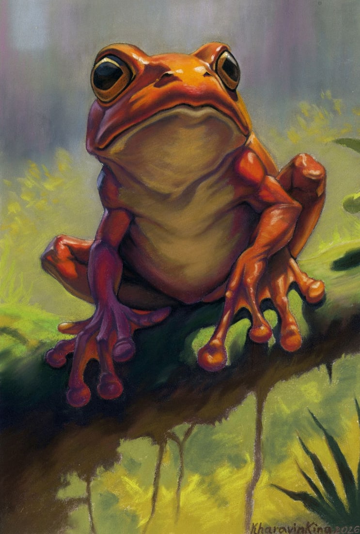 Alia Kharavinkina (Ukraine,20/21C) pastel painting: ARTIST: Alia Kharavinkina (Ukraine, 20/21 centuries) TITLE: Red Frog MEDIUM: pastel on heavy paper CONDITION: Very good. ART SIZE: 10 x 7 inches / 25 x 1