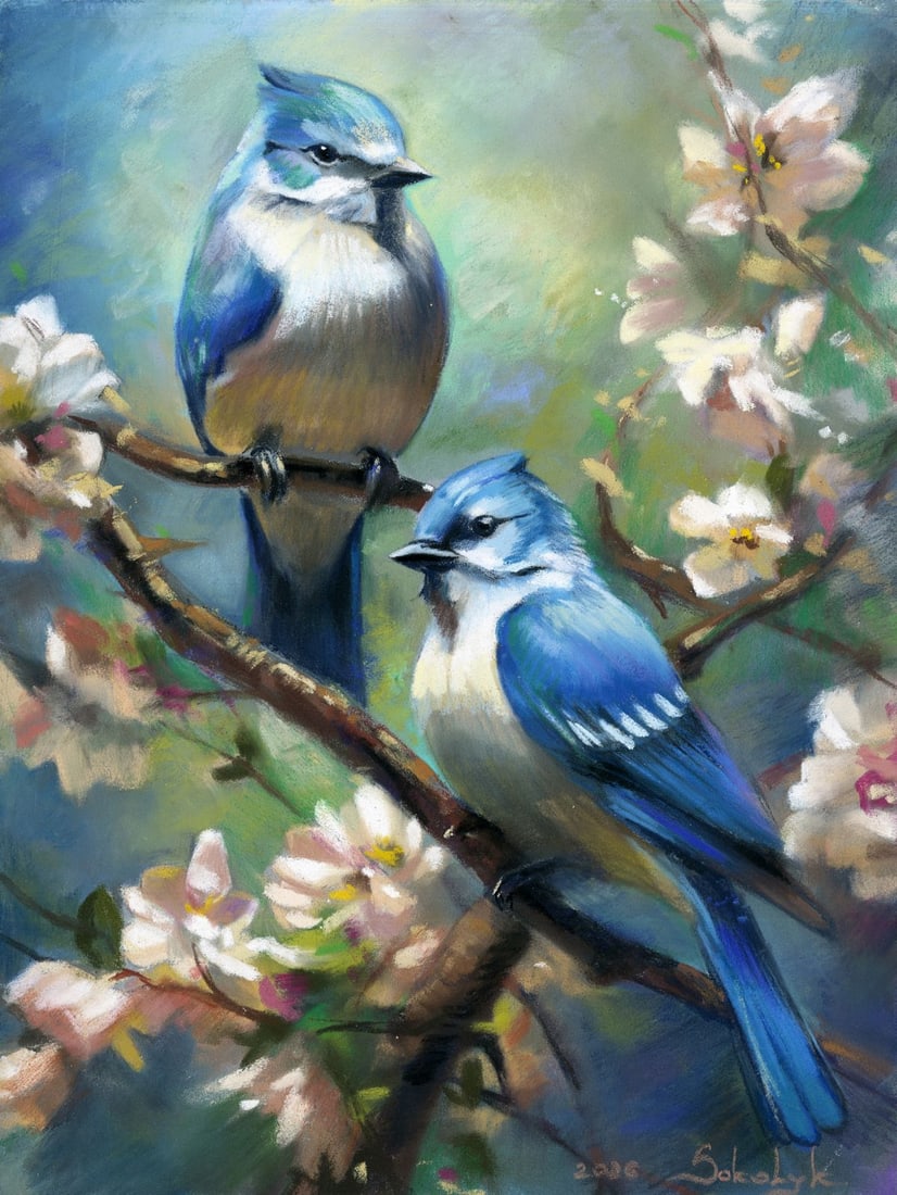 Vira Sokolyk (Ukraine,b 1999) pastel painting: ARTIST: Vira Sokolyk (Ukraine, born 1999) TITLE: Blue Jay Birds with Blossoms MEDIUM: pastel on heavy paper CONDITION: Few minor scratches/paint losses. ART SIZE: