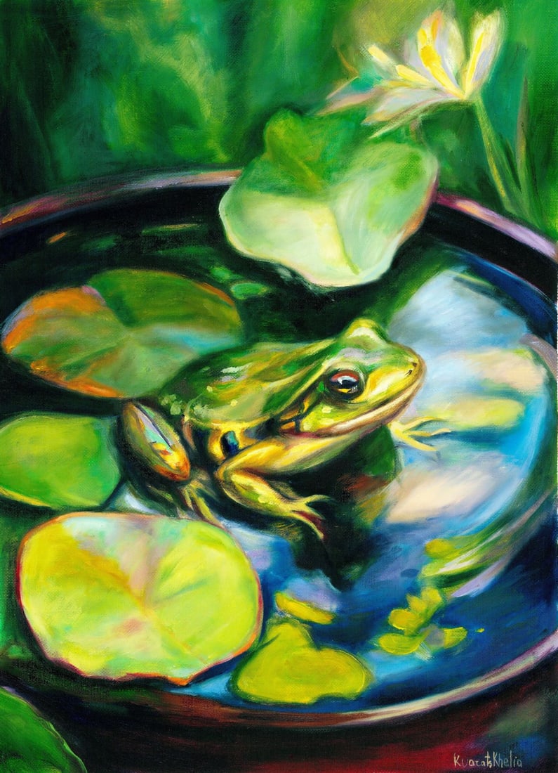 Alina Kvaratshelia (Ukraine,20/21C) oil painting: ARTIST: Alina Kvaratshelia (Ukraine, 20/21 centuries) TITLE: Frog on Lily Pad MEDIUM: oil on heavy paper CONDITION: Very good. No visible inpaint under UV light.