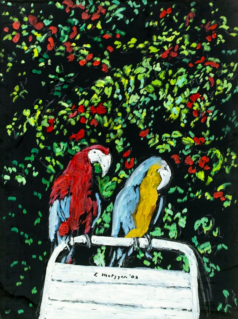 Evelyn Metzger (NY,Brazil,1911-2007) oil painting: ARTIST: Evelyn Borchard Metzger (New York, Brazilian, 1911-2007) TITLE: Macaw Parrot Birds YEAR: 2002 MEDIUM: oil on board CONDITION: Overall good. No vi