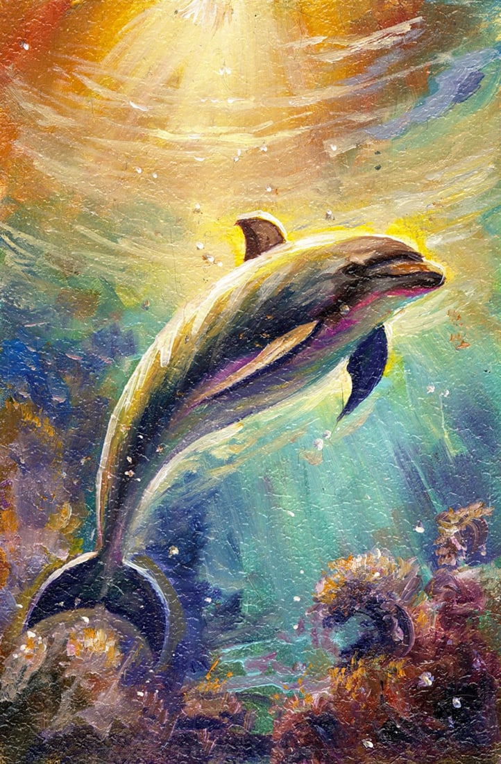 Sergey Kozachkin (Ukraine,b 1965) oil painting: ARTIST: Sergey Vasilievich Kozachkin (Ukraine, born 1965) TITLE: Dolphin Underwater MEDIUM: oil on board CONDITION: Very good. No visible inpaint under UV light.