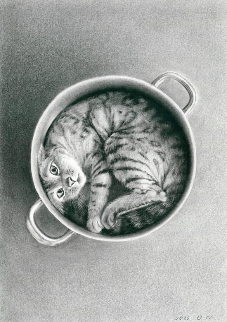 Olga Novostavskaya (Ukraine,b 1967) dry brush oil painting: ARTIST: Olga Novostavskaya (Ukraine, born 1967) TITLE: Cat in Pot MEDIUM: dry brush oil on paper CONDITION: Very good. ART SIZE: 12 x 8 inches / 30 x 20