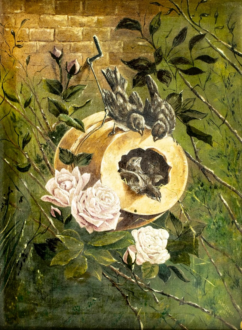 H Willett (US,19C) oil painting antique: ARTIST: H Willett (American, 19 century) TITLE: Birds Nest YEAR: 1882 MEDIUM: oil on canvas CONDITION: One patch-repaired puncture with corresponding inp