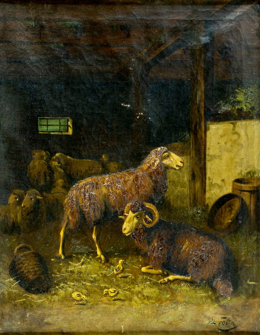 L Folta (US,19C) oil painting antique: ARTIST: L Folta (American, 19 century) TITLE: Sheep in Barn MEDIUM: oil on canvas CONDITION: Few small patches. Some scratches/paint losses. Some craquelure. Some scattered
