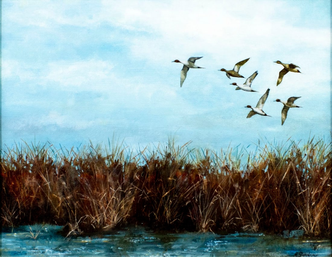 Robert Giordano (NY,20C) oil painting: ARTIST: Robert Giordano (New York, 20 century) TITLE: Pintails Ducks Over Gilgo, NY (titled on label) YEAR: 1990 MEDIUM: oil on canvas board CONDITION: O