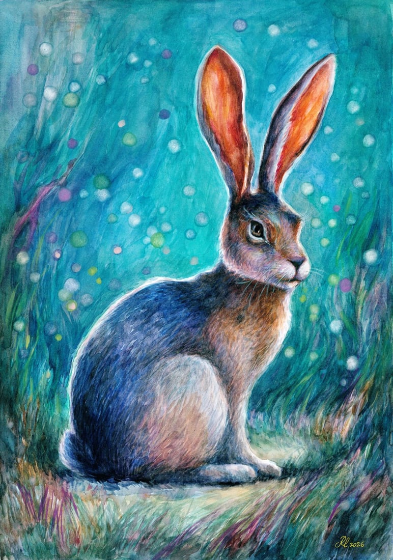Lyudmila Rudenko (Ukraine,20/21C) watercolor painting: ARTIST: Lyudmila Rudenko (Ukraine, 20/21 centuries) TITLE: Rabbit MEDIUM: watercolor on heavy paper CONDITION: Very good. ART SIZE: 17 x 12 inches / 43 x