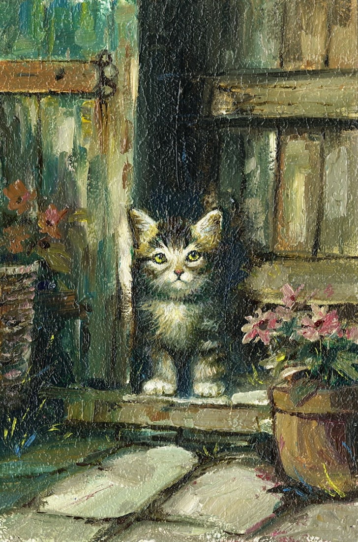 Sergey Kozachkin (Ukraine,b 1965) oil painting: ARTIST: Sergey Vasilievich Kozachkin (Ukraine, born 1965) TITLE: Cat in Doorway MEDIUM: oil on board CONDITION: Very good. No visible inpaint under UV light. ART
