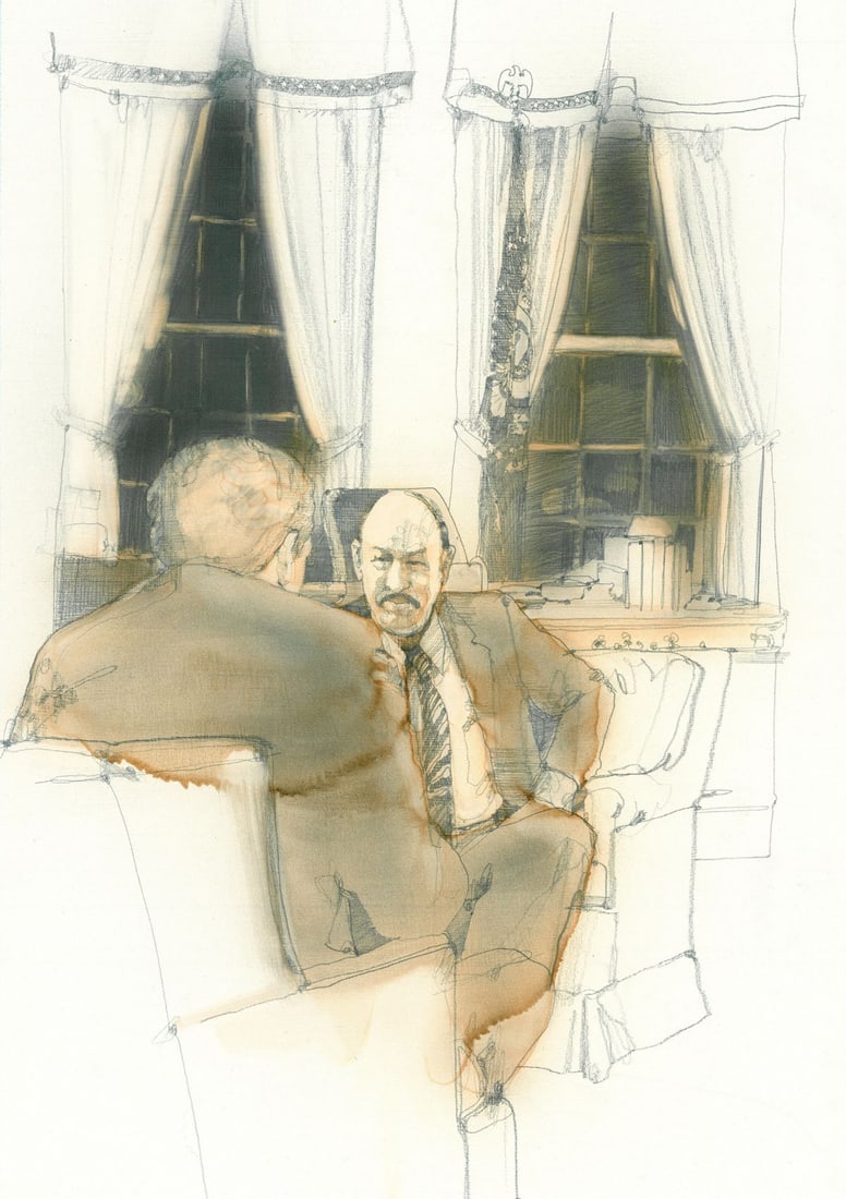 Walt Spitzmiller (MO,1944-2020) graphite painting: ARTIST: Walter Spitzmiller (Missouri, 1944 - 2020) TITLE: Illustration - Advise and Consent YEAR: 1977 MEDIUM: graphite on board CONDITION: Overall good.