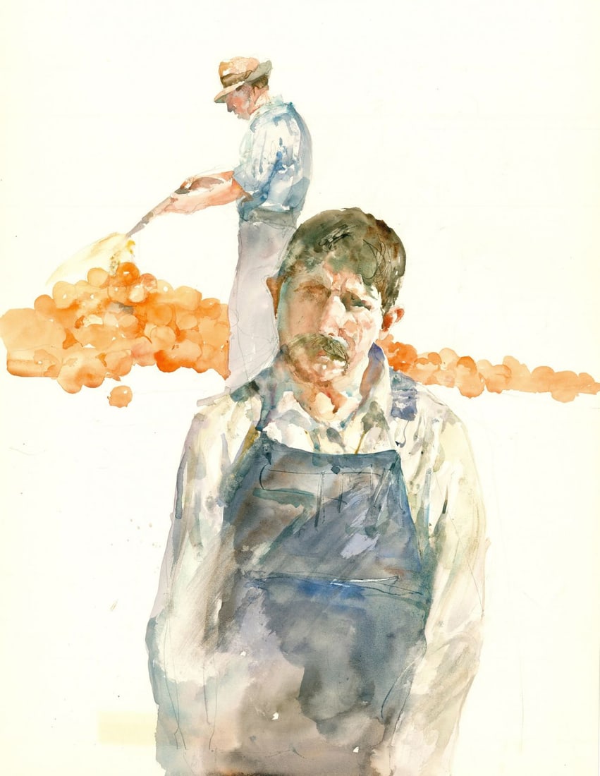 Charles Reid (MA,NY,1937-2019) watercolor painting: ARTIST: Charles Reid (Massachusetts, New York, 1937 - 2019) TITLE: Illustration - The Grapes of Wrath YEAR: 1978 MEDIUM: watercolor on heavy paper CONDITION: