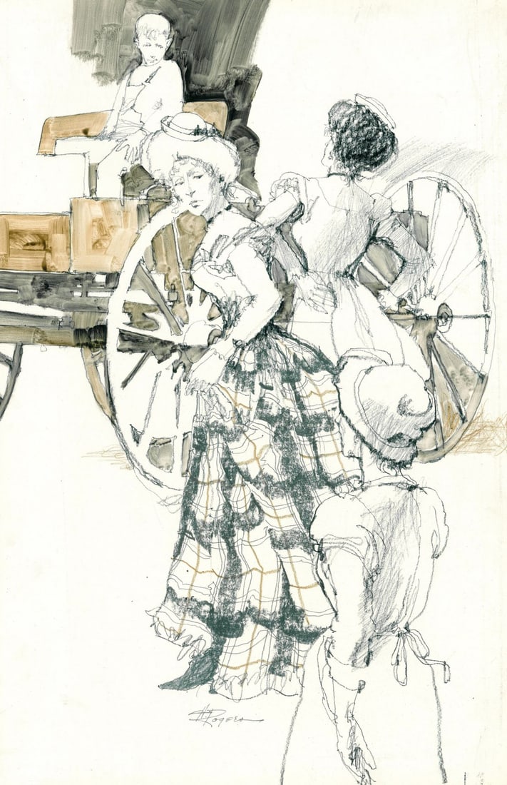 Howard Rogers (AZ,CA,1932-2022) watercolor painting: ARTIST: Howard Rogers (Arizona, California, 1932 - 2022) TITLE: Illustration - So Big 6 YEAR: 1977 MEDIUM: watercolor on board CONDITION: Overall good.
