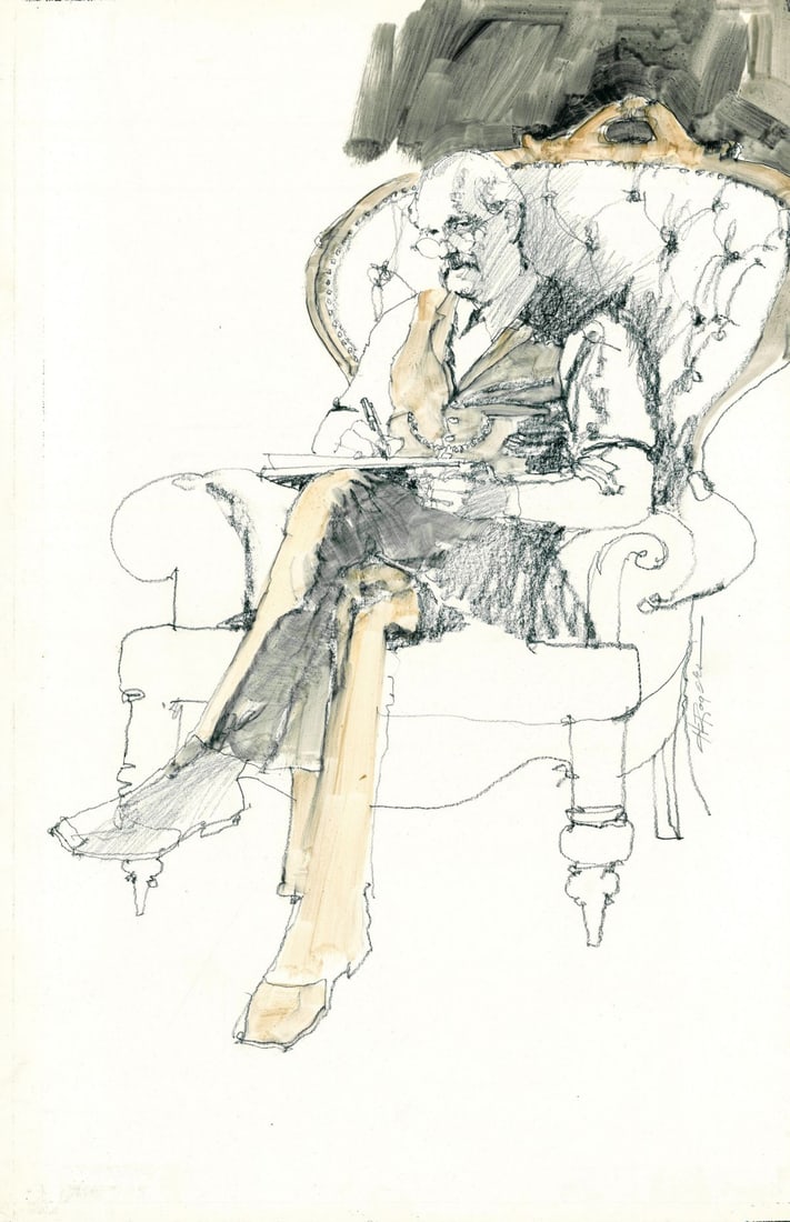 Howard Rogers (AZ,CA,1932-2022) watercolor painting: ARTIST: Howard Rogers (Arizona, California, 1932 - 2022) TITLE: Illustration - So Big 7 YEAR: 1977 MEDIUM: watercolor on board CONDITION: Overall good.