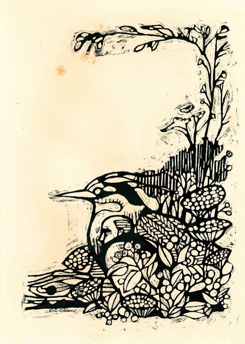 Leo Dillon (NY,1933-2012) woodblock print: ARTIST: Leo Dillon (New York, 1933 - 2012) TITLE: Illustration YEAR: 1976 MEDIUM: woodblock print on paper. Paper applied to board. CONDITION: Some foxin