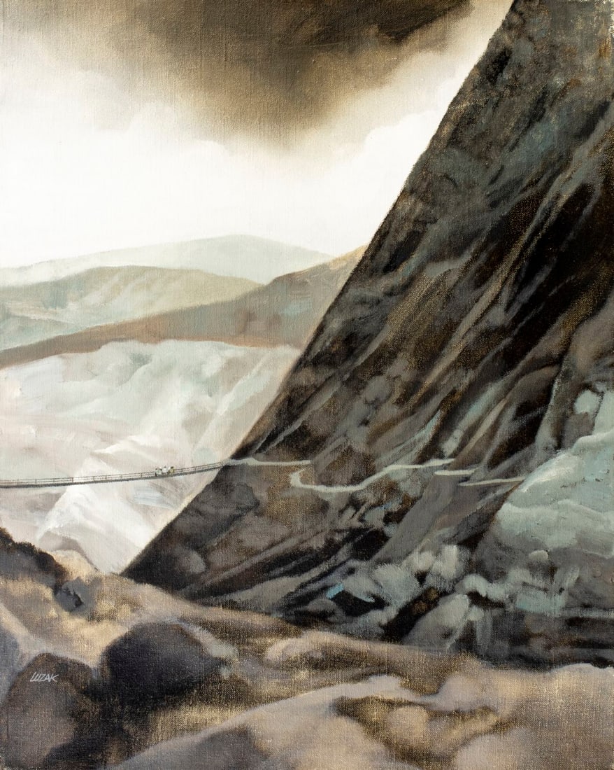 Dennis Luzak (IL,1939-?) oil painting: ARTIST: Dennis Luzak (Illinois, 1939 - ???) TITLE: Thornton Wilder Illustration YEAR: 1980 MEDIUM: oil on canvas CONDITION: Few minor scratches/paint l