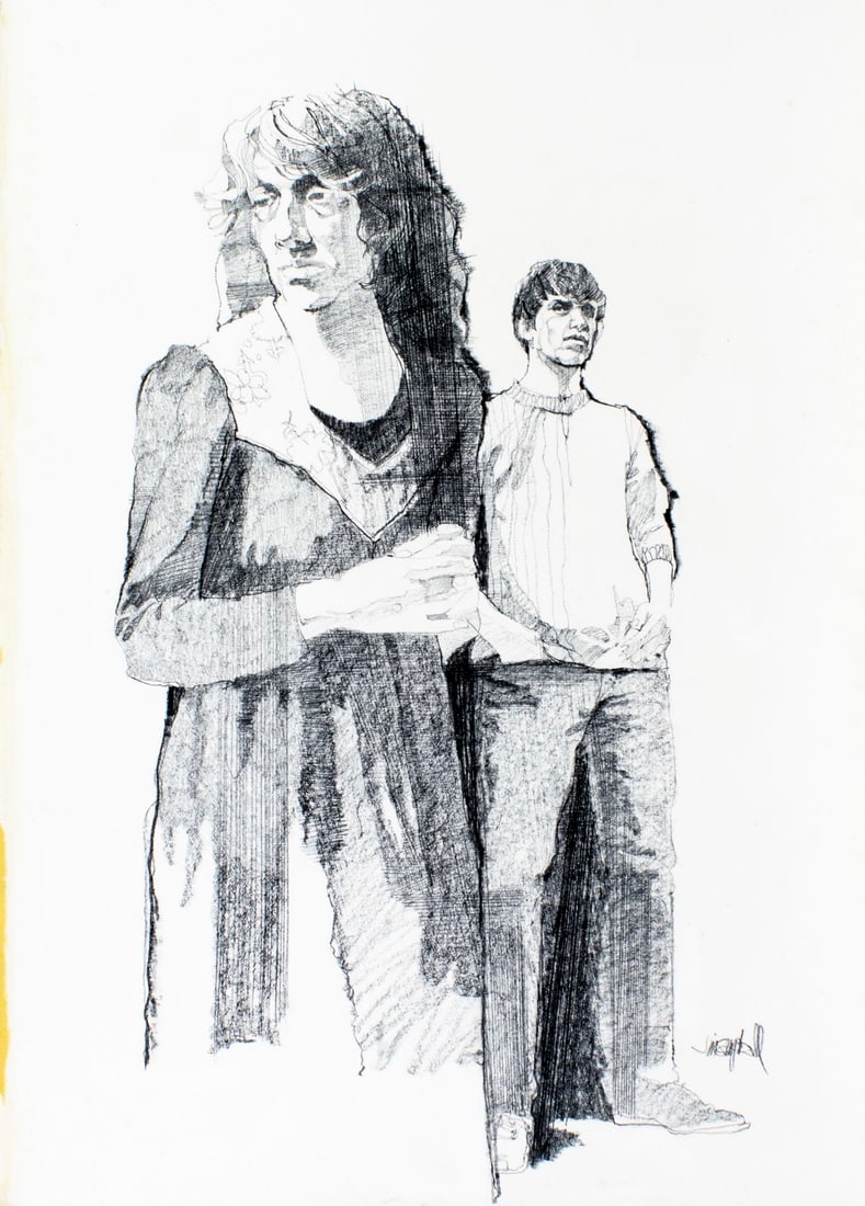 James Richard Campbell (CT,AL,1942-2022) graphite painting: ARTIST: James Richard Campbell (Connecticut, Alabama, 1942 - 2022) TITLE: Illustration - History A Novel YEAR: 1977 MEDIUM: graphite on board CONDITION:
