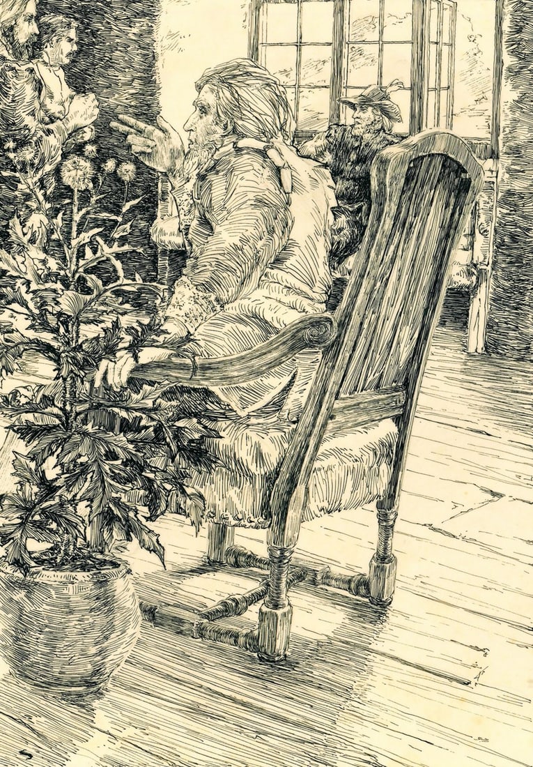 Frederick Schneider (CA,b 1946) ink painting: ARTIST: Frederick Schneider (California, born 1946) TITLE: Illustration - The Meeting at Telgte YEAR: 1981 MEDIUM: ink on paper. Paper applied to board. CONDITION