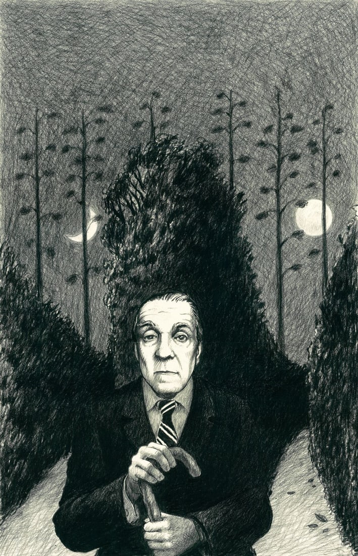 Roger Roth (PA,20/21C) graphite painting: ARTIST: Roger Roth (Pennsylvania, 20/21 centuries) TITLE: Illustration - Ficciones YEAR: 1985 MEDIUM: graphite on board CONDITION: Minor damages to corne