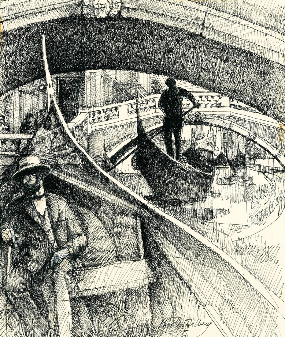 Ben Wohlberg (VA,NY,1927-2024) ink painting: ARTIST: Ben Wohlberg (Virginia, New York, 1927 - 2024) TITLE: Henry James Illustration YEAR: 1977 MEDIUM: ink on board CONDITION: Minor damages to corner