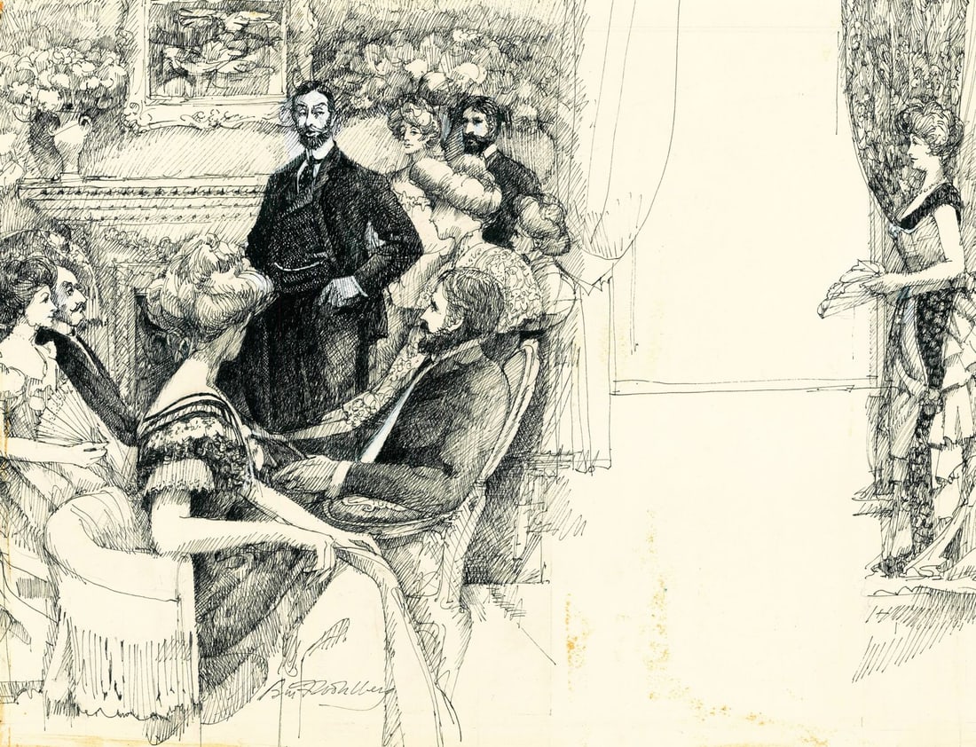 Ben Wohlberg (VA,NY,1927-2024) ink painting: ARTIST: Ben Wohlberg (Virginia, New York, 1927 - 2024) TITLE: Henry James Illustration YEAR: 1977 MEDIUM: ink on board CONDITION: Minor damages to corner