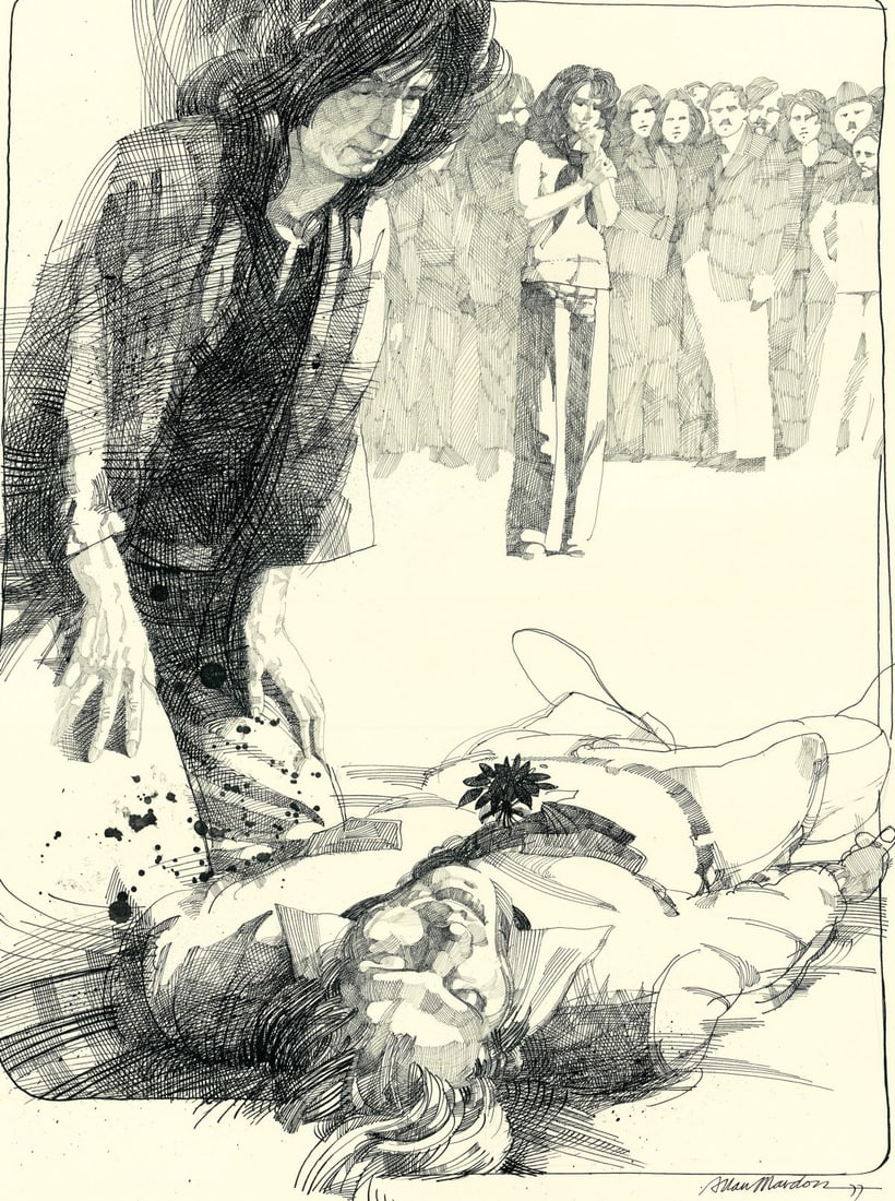 Allan Mardon (NY,AZ,Canada,1931-2020) ink painting: ARTIST: Allan Mardon (New York, Arizona, Canadian, 1931 - 2020) TITLE: Illustration - The Walnut Door YEAR: 1977 MEDIUM: ink on paper. Paper applied to board. CON