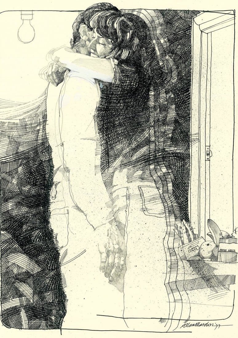Allan Mardon (NY,AZ,Canada,1931-2020) ink painting: ARTIST: Allan Mardon (New York, Arizona, Canadian, 1931 - 2020) TITLE: Illustration - The Walnut Door YEAR: 1977 MEDIUM: ink on paper. Paper applied to board. CON