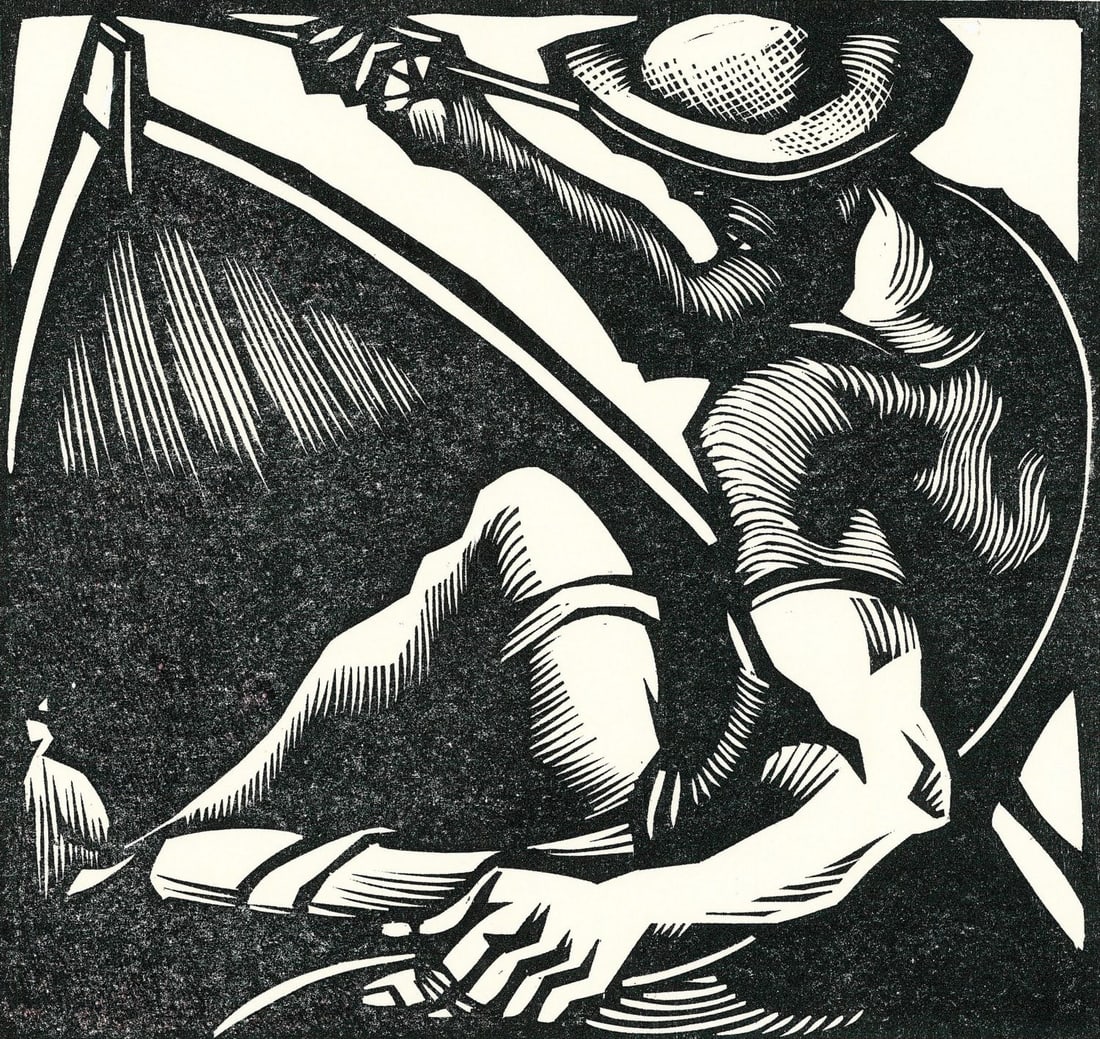 David Frampton (NY,NH,20/21C) woodblock print: ARTIST: David Frampton (New York, New Hampshire, 20/21 centuries) TITLE: Illustration YEAR: 1980s MEDIUM: woodblock print on paper CONDITION: Minor age t