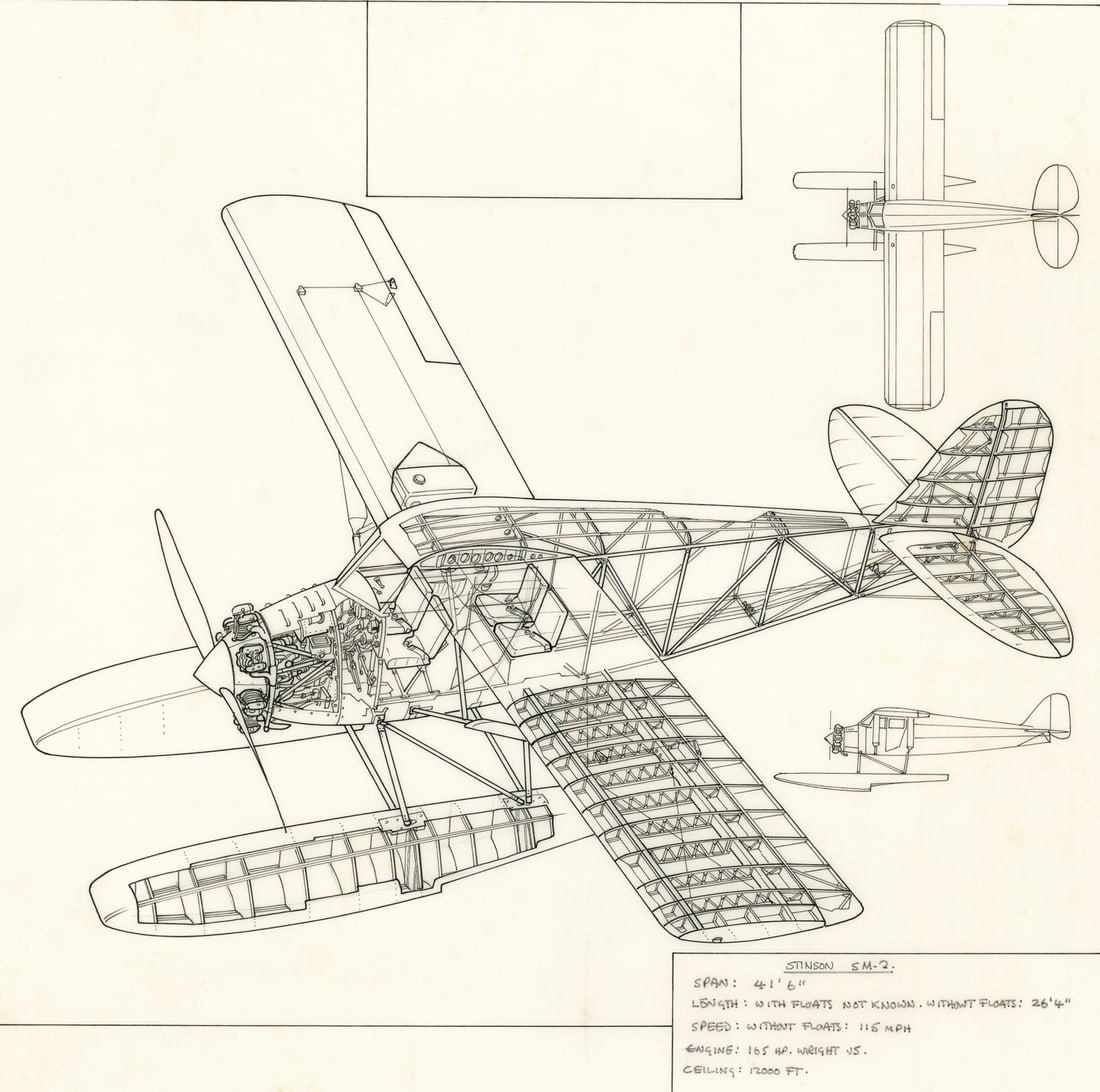 John Batchelor (UK,1936-2019) ink painting: ARTIST: John Henry Batchelor (United Kingdom, 1936 - 2019) TITLE: Stinson SM-2 Plane YEAR: 1986 MEDIUM: ink on paper. Paper applied to board. CONDITION: