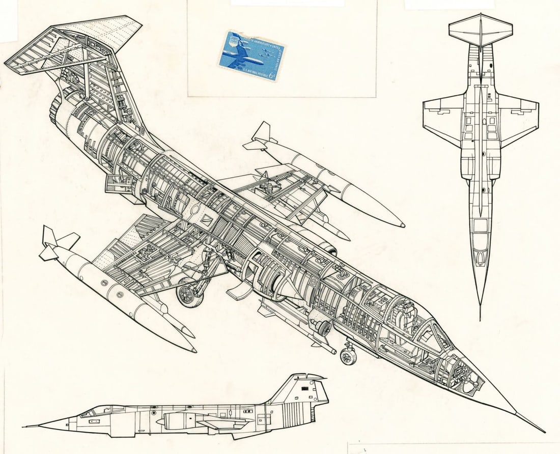 John Batchelor (UK,1936-2019) ink painting: ARTIST: John Henry Batchelor (United Kingdom, 1936 - 2019) TITLE: Plane - F-104 Starfighter YEAR: 1985 MEDIUM: ink on paper. Paper applied to board. CONDITION:<
