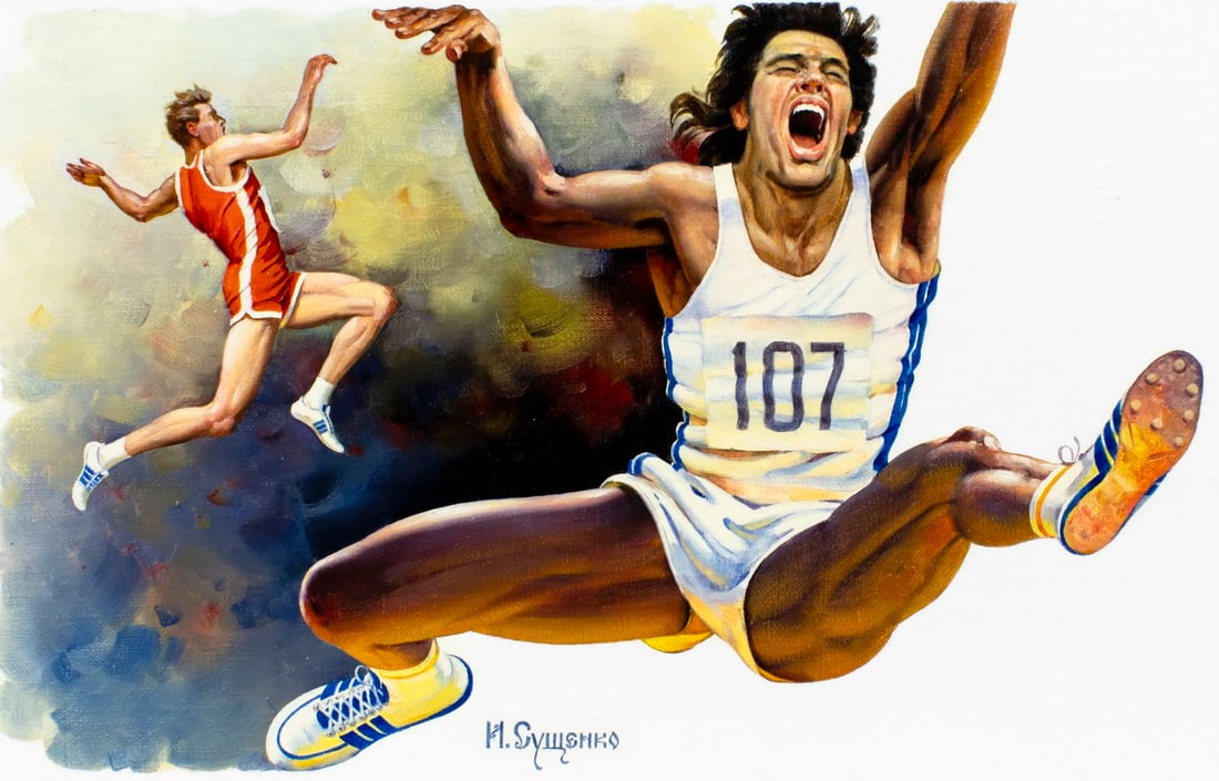 Ivan Sushchenko (Russia,1930-?) oil painting: ARTIST: Ivan Akimovich Sushchenko (Russian, 1930 - ???) TITLE: Worlds Salute to Olympics 1992 - Triple Jump, Mens (titled on verso) YEAR: 1991 MEDIUM: oil on canvas. Canv