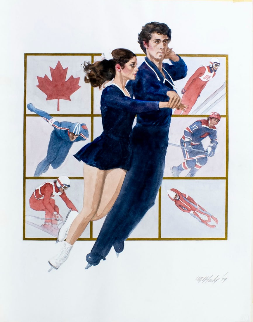 Tom McNeely (Canada,1935-?) watercolor painting: ARTIST: Tom McNeely (Canadian, 1935 - ???) TITLE: Sport - Figure Skaters YEAR: 1979 MEDIUM: watercolor on paper. Paper applied to board. CONDITION: Ver