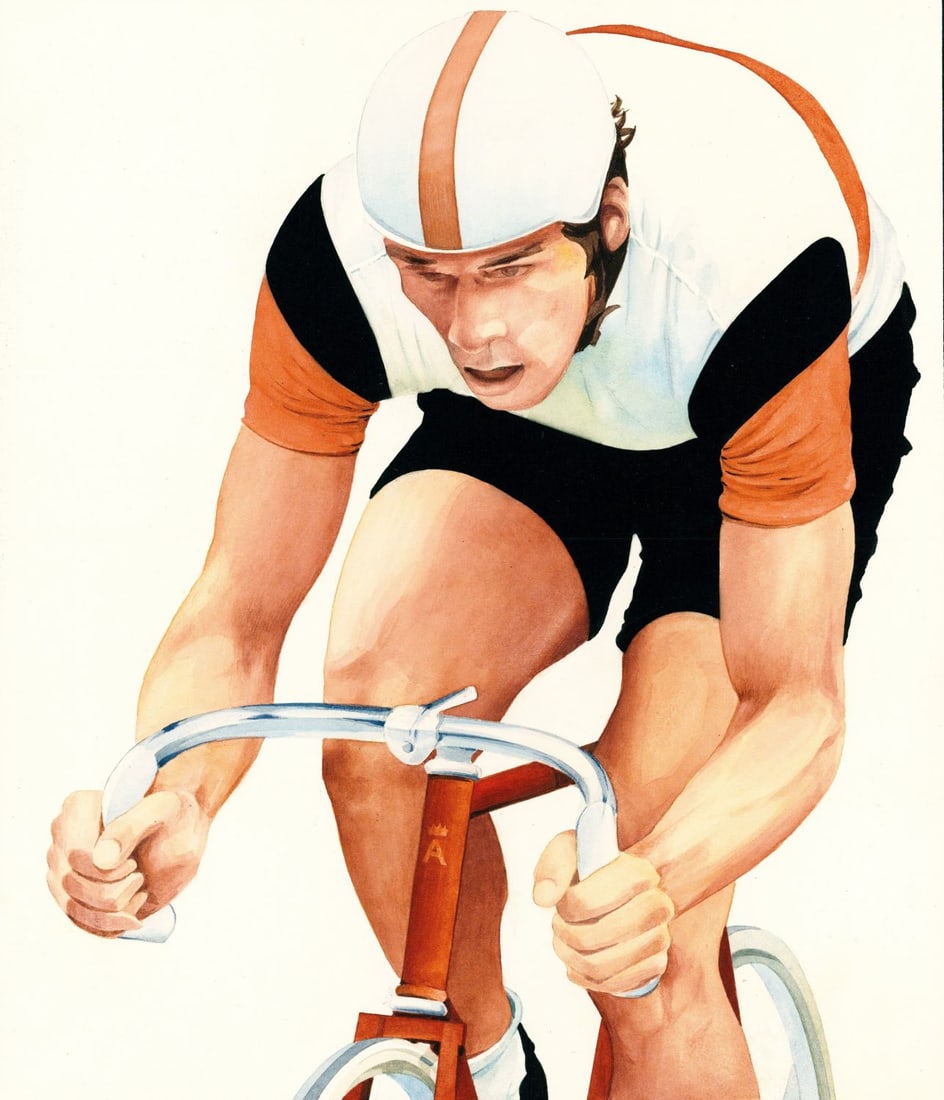 Andreja M Milenkovic (Serbia,1923-2005) watercolor painting: ARTIST: Andreja M Milenkovic (Serbian, 1923 - 2005) TITLE: Yugoslavia Olympics 1984 - Bicycling YEAR: 1984 MEDIUM: watercolor on board CONDITION: Minor